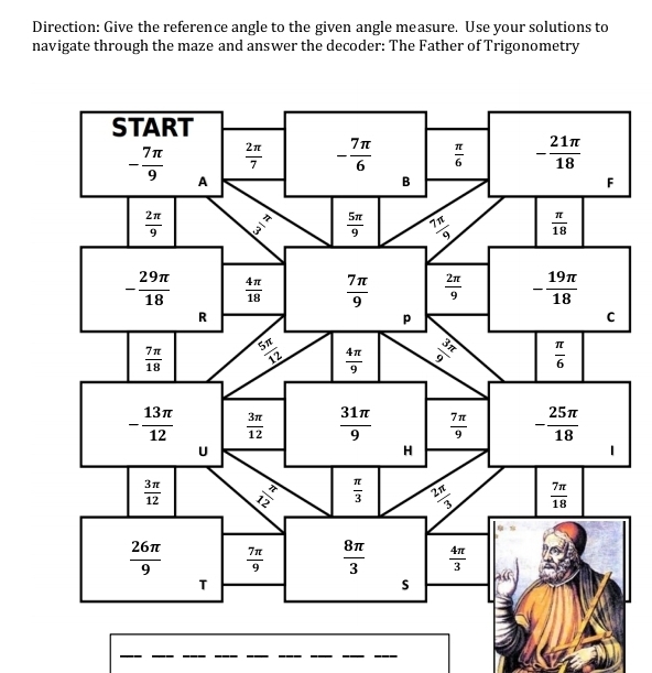 Direction: Give the reference angle to the given angle measure. Use your solutions to
navigate through the maze and answer the decoder: The Father of Trigonometry