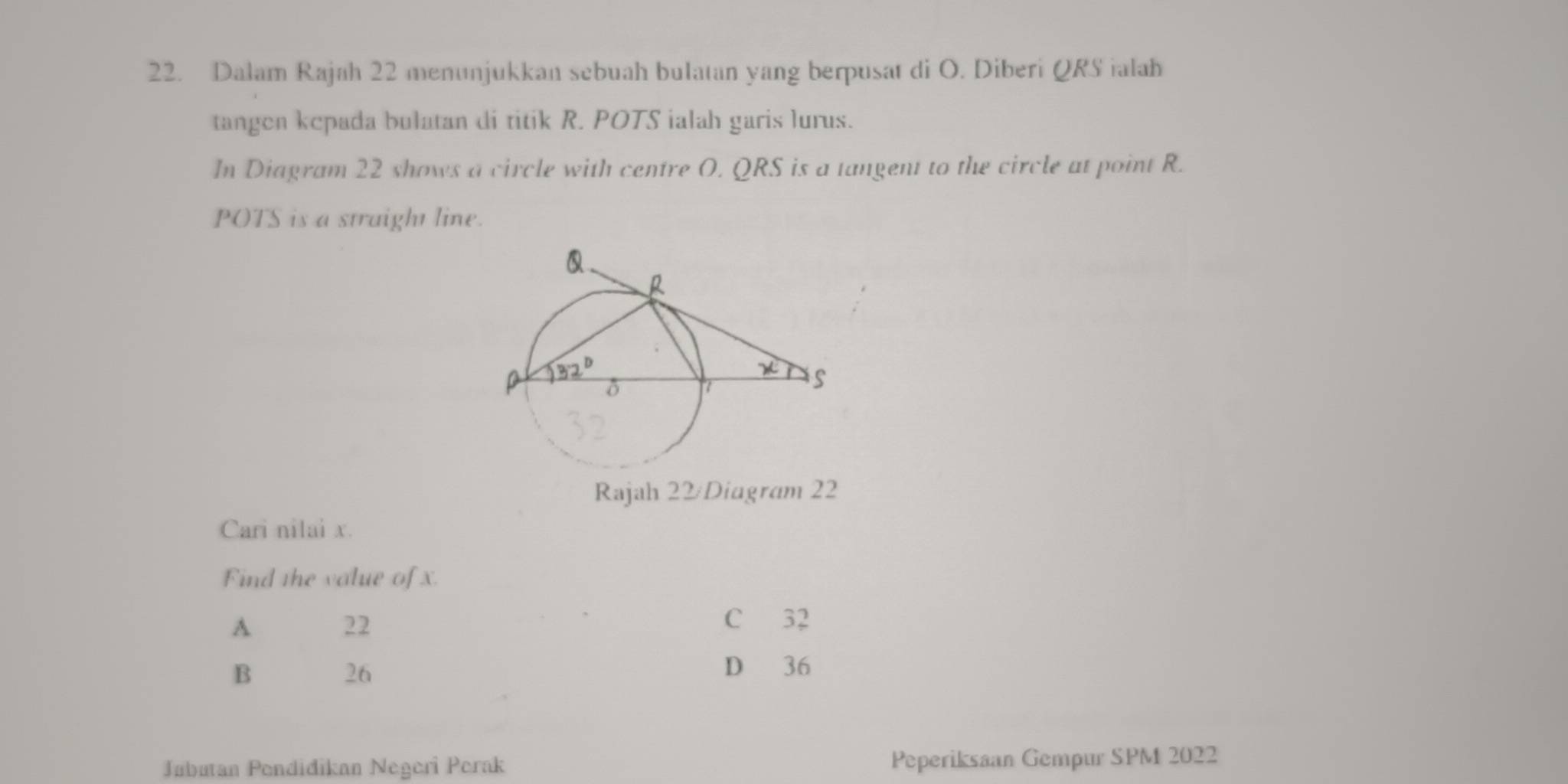 Dalam Rajah 22 menunjukkan sebuah bulatan yang berpusat di O. Diberi QRS ialah
tangen kepada bulatan di titik R. POTS ialah garis lurus.
In Diagram 22 shows a circle with centre O. QRS is a tangent to the circle at point R.
POTS is a straight line.
Rajah 22/Diagram 22
Cari nilai x.
Find the value of x.
A 22
C 32
B D 36
26
Jabutan Pendidikan Negeri Perak Peperiksaan Gempur SPM 2022