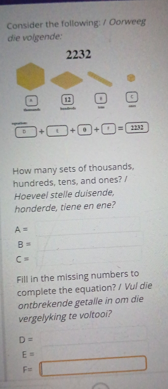 Consider the following: / Oorweeg 
die volgende:
2232
A 12 B C 
hundreds
□ +□ [^ + n , + )=2232 
U 
How many sets of thousands, 
hundreds, tens, and ones? / 
Hoeveel stelle duisende, 
honderde, tiene en ene?
A=
B=
C=
Fill in the missing numbers to 
complete the equation? / Vul die 
ontbrekende getalle in om die 
vergelyking te voltooi?
D=
E= □
F=