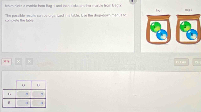 Ichiro picks a marble from Bag 1 and then picks another marble from Bag 2. 
The possible results can be organized in a table. Use the drop-down menus to 
complete the table. 
× × × CLEAR CH