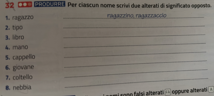CO□ PRODURRE Per ciascun nome scrivi due alterati di significato opposto. 
1. ragazzo _ragazzino, ragazzaccio,_ 
2. tipo 
_ 
3. libro 
_ 
4. mano 
_ 
5. cappello 
_ 
6. giovane 
_ 
7. coltello 
_ 
8. nebbia 
_ 
mi sono falsi alterati FA oppure alterati A