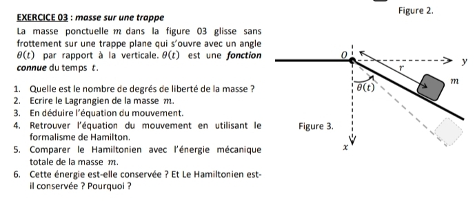 Figure 2.
EXERCICE 03 : masse sur une trappe
La masse ponctuelle m dans la figure 03 glisse sans
frottement sur une trappe plane qui s’ouvre avec un angle
θ (t) par rapport à la verticale. θ (t) est une fonction
connue du temps t .
1. Quelle est le nombre de degrés de liberté de la masse ?
2. Ecrire le Lagrangien de la masse m.
3. En déduire l'équation du mouvement.
4. Retrouver l'équation du mouvement en utilisant le
formalisme de Hamilton.
5. Comparer le Hamiltonien avec l'énergie mécanique
totale de la masse m.
6. Cette énergie est-elle conservée ? Et Le Hamiltonien est-
il conservée ? Pourquoi ?