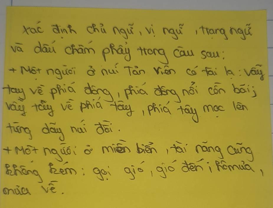 xao dink chú ngú, vì ngǔ , trang ngú 
vā dāi chám phay Hrong cau sau: 
+NGt nguòi à nuǐ Tán Vién có fāi la; vóny 
toy vè phiā dōng, phiā dǒōng nǎi cǒn bāij 
vay tág vè phid tēng, phiú tāy moe len 
tāng dōg nai dēi. 
+Mét ngǎǒi á mién biēn, tāi náng cāng 
BhEng Rem; goi gió, giò déni Romua, 
onàa vè,