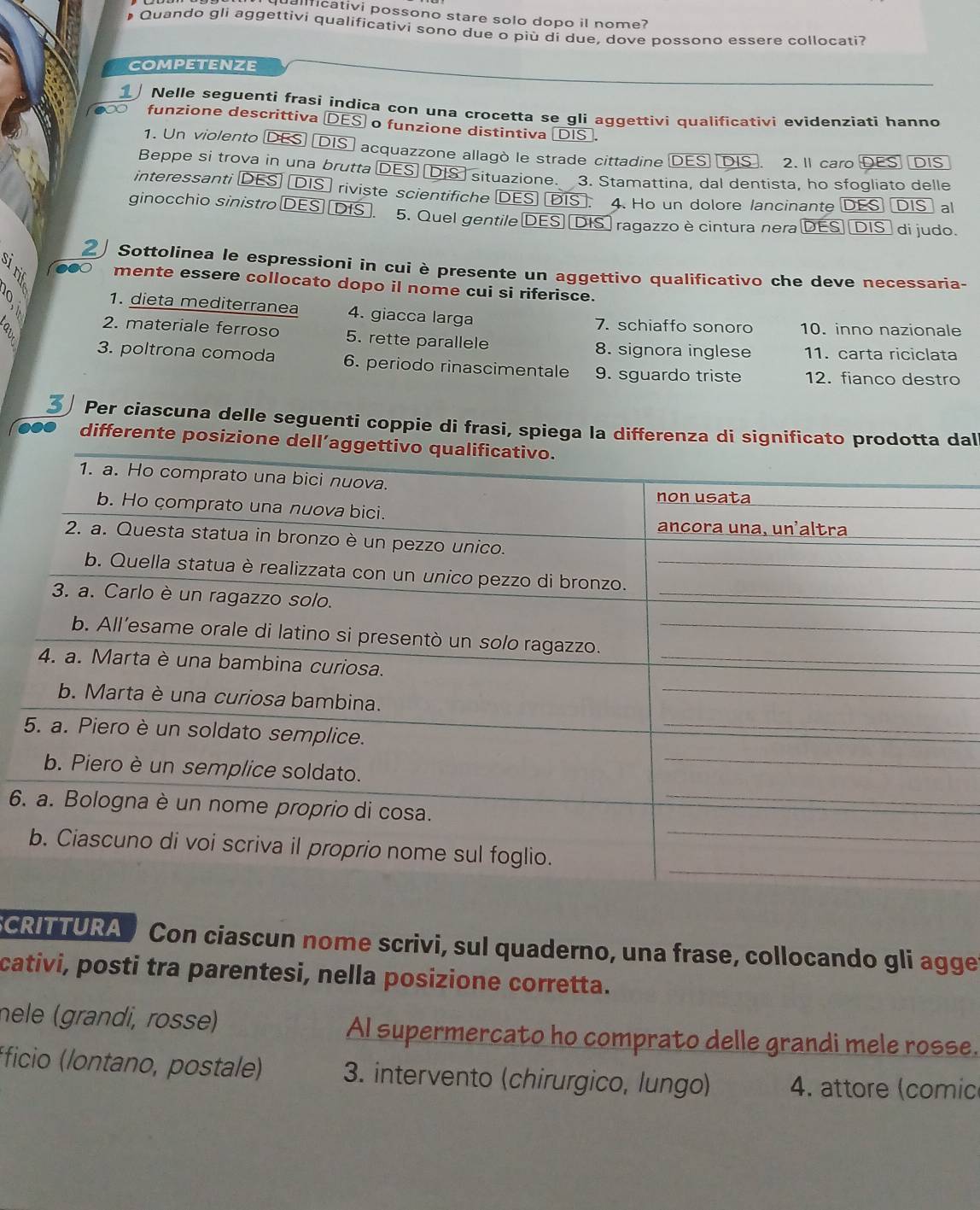 alficativi possono stare solo dopo il nome?
Quando gli aggettivi qualíficativi sono due o più di due, dove possono essere collocati?
COMPETENZE
Nelle seguenti frasi indica con una crocetta se gli aggettivi qualificativi evidenziati hanno
∞ funzione descrittiva DES o funzione distintiva DIS.
1. Un violento DES) (DIS  acquazzone allagò le strade cittadine DES) DIS . 2. l caro DES DIS
Beppe si trova in una brutta DES] DIS] situazione. 3. Stamattina, dal dentista, ho sfogliato delle
interessanti DES) [DIS ) riviste scientifiche DES (ĐIS]. 4. Ho un dolore lancinante DES DIS] al
ginocchio sinistro DES] DIS 5. Quel gentile DES] DIS] ragazzo è cintura nera DES] DIS di judo.
2 Sottolinea le espressioni in cui è presente un aggettivo qualificativo che deve necessaria-
●0 mente essere collocato dopo il nome cui si riferisce.
1. dieta mediterranea 4. giacca larga 7. schiaffo sonoro 10. inno nazionale
2. materiale ferroso 5. rette parallele 8. signora inglese 11. carta riciclata
8 3. poltrona comoda 6. periodo rinascimentale 9. sguardo triste 12. fianco destro
3 Per ciascuna delle seguenti coppie di frasi, spiega la differenza di significato prodotta dal
differente posizione dell’a
6
SCRITTURA Con ciascun nome scrivi, sul quaderno, una frase, collocando gli agge
cativi, posti tra parentesi, nella posizione corretta.
nèle (grandi, rosse) AI supermercato ho comprato delle grandi mele rosse.
*ficio (lontano, postale) 3. intervento (chirurgico, lungo) 4. attore (comic