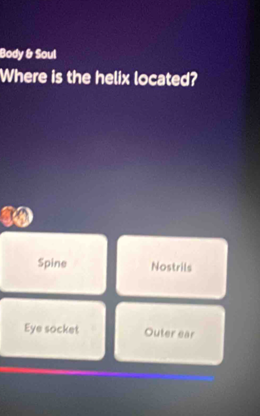 Body & Soul
Where is the helix located?
Spine Nostrils
Eye socket Outer ear