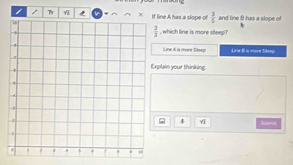 Fr sqrt(t) ine A has a slope of  3/5  and line B has a slope of
, which line is more steep?
Line A is more Steep Line B is more Steep
plain your thinking.
sqrt(t)
Subred.