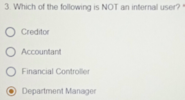 Which of the following is NOT an internal user?
Creditor
Accountant
Financial Controller
Department Manager