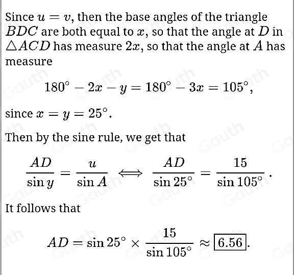 Solved: For the triangle shown, find the length AD. (Assume u=15, v=15 ...