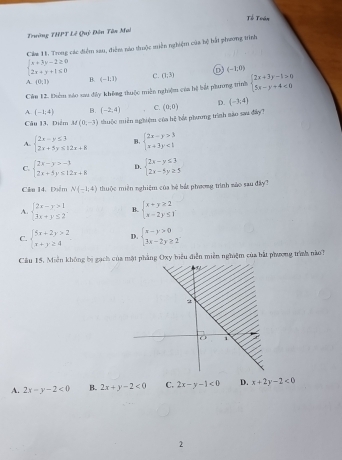 Trường THPT Lê Quý Đân Tên Mai
Cam 11. Trong các điểm sau, điễm nào thuộc miền nghiệm của hệ hất phương trinh
beginarrayl x+3y-2≥ 0 2x+y+1≤ 0endarray.
D (-1,0)
A. (0,3) B. (-1;1) c. (1;3)
Căn 12. Điễm náo sau đây không thuộc miền nghiệm của hệ bắt phương trình beginarrayl 2x+3y-1>0 5x-y+4<0endarray.
A (-1;4) B. (-2,4) C. (a,0) D. (-3;4)
Câu 13, Diểm M(0,-3) thuộc miền nghiệm của hệ bắc phưng trình são sau đây?
A. beginarrayl 2x-y≤ 3 2x+5y≤ 12x+8endarray. B. beginarrayl 2x-y>3 x+3y<1endarray.
C. beginarrayl 2x-y>-3 2x+5y≤ 12x+8endarray. D. beginarrayl 2x-y≤ 3 2x-5y≥ 5endarray.
Cầu 14. Điểm N(-1,4) thuộc miền nghiệm của hệ bắt phương trình sào sau đây ?
A. beginarrayl 2x-y>1 3x+y≤ 2endarray. B. beginarrayl x+y≥ 2 x-2y≤ 1endarray.
C. beginarrayl 5x+2y>2 x+y≥ 4endarray. D. beginarrayl x-y>0 3x-2y≥ 2endarray.
Câu 15. Miễn không bị gạch của mặt phẳng Oxy biểu điễn miền nghiệm của bắt phương tranh nào?
A. 2x-y-2<0</tex> B. 2x+y-2<0</tex> C. 2x-y-1<0</tex> D. x+2y-2<0</tex>
2