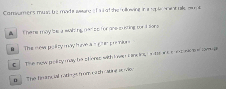 Consumers must be made aware of all of the following in a replacement sale, except:
A There may be a waiting period for pre-existing conditions
B The new policy may have a higher premium
C The new policy may be offered with lower benefits, limitations, or exclusions of coverage
D The financial ratings from each rating service