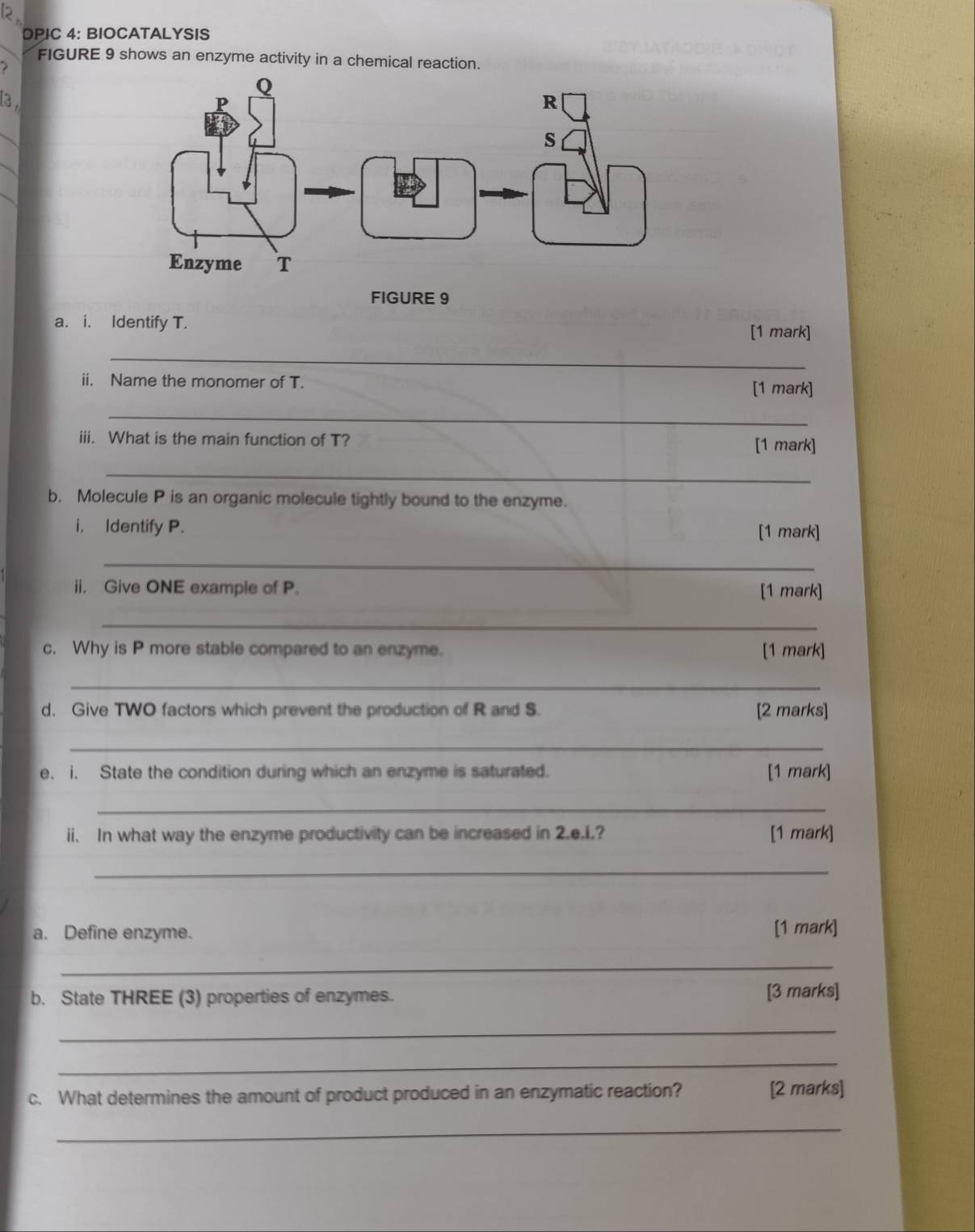 DPIC 4: BIOCATALYSIS 
FIGURE 9 shows an enzyme activity in a chemical reaction. 
? 
3 , 
FIGURE 9 
a. i. Identify T. 
[1 mark] 
_ 
ii. Name the monomer of T. [1 mark] 
_ 
iii. What is the main function of T? 
[1 mark] 
_ 
b. Molecule P is an organic molecule tightly bound to the enzyme. 
i. Identify P. 
[1 mark] 
_ 
ii. Give ONE example of P. [1 mark] 
_ 
c. Why is P more stable compared to an enzyme. [1 mark] 
_ 
d. Give TWO factors which prevent the production of R and S. [2 marks] 
_ 
e. i. State the condition during which an enzyme is saturated. [1 mark] 
_ 
ii. In what way the enzyme productivity can be increased in 2.e.i.? [1 mark] 
_ 
a. Define enzyme. [1 mark] 
_ 
b. State THREE (3) properties of enzymes. [3 marks] 
_ 
_ 
c. What determines the amount of product produced in an enzymatic reaction? [2 marks] 
_