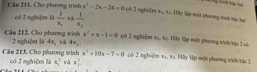 tường trình bậc hai 
Câu 211. Cho phương trình x^2-2x-24=0 có 2 nghiệm x_1, x_2 , Hãy lập một phương trình bậc hai 
có 2 nghiệm là frac 1x_1 và frac 1x_2
Câu 212. Cho phương trình x^2+x-1=0 có 2 nghiệm x_1, x_2 1 Hãy lập một phương trình bậc 2 có 
2 nghiệm là 4x_1 và 4x_2. 
Câu 213. Cho phương trình x^2+10x-7=0 có 2 nghiệm x_1, x_2. Hãy lập một phương trình bậc 2 
có 2 nghiệm là x_1^2 và x_2^2.