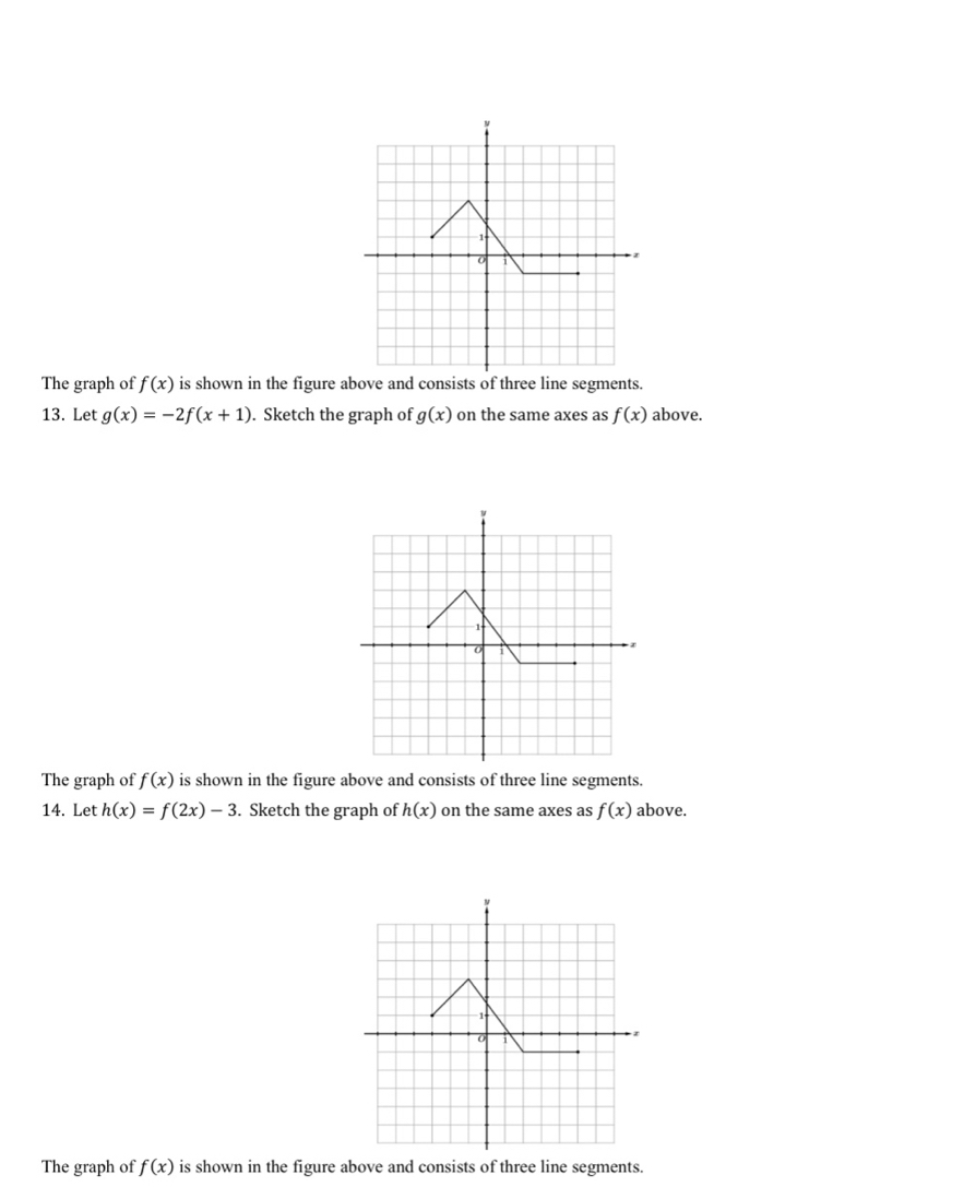 The graph of f(x) is shown in the figure e line segments. 
13. Let g(x)=-2f(x+1). Sketch the graph of g(x) on the same axes as f(x) above. 
The graph of f(x) is shown in the figure above and consists of three line segments. 
14. Let h(x)=f(2x)-3. Sketch the graph of h(x) on the same axes as f(x) above. 
The graph of f(x) is shown in the figure above and consists of three line segments.