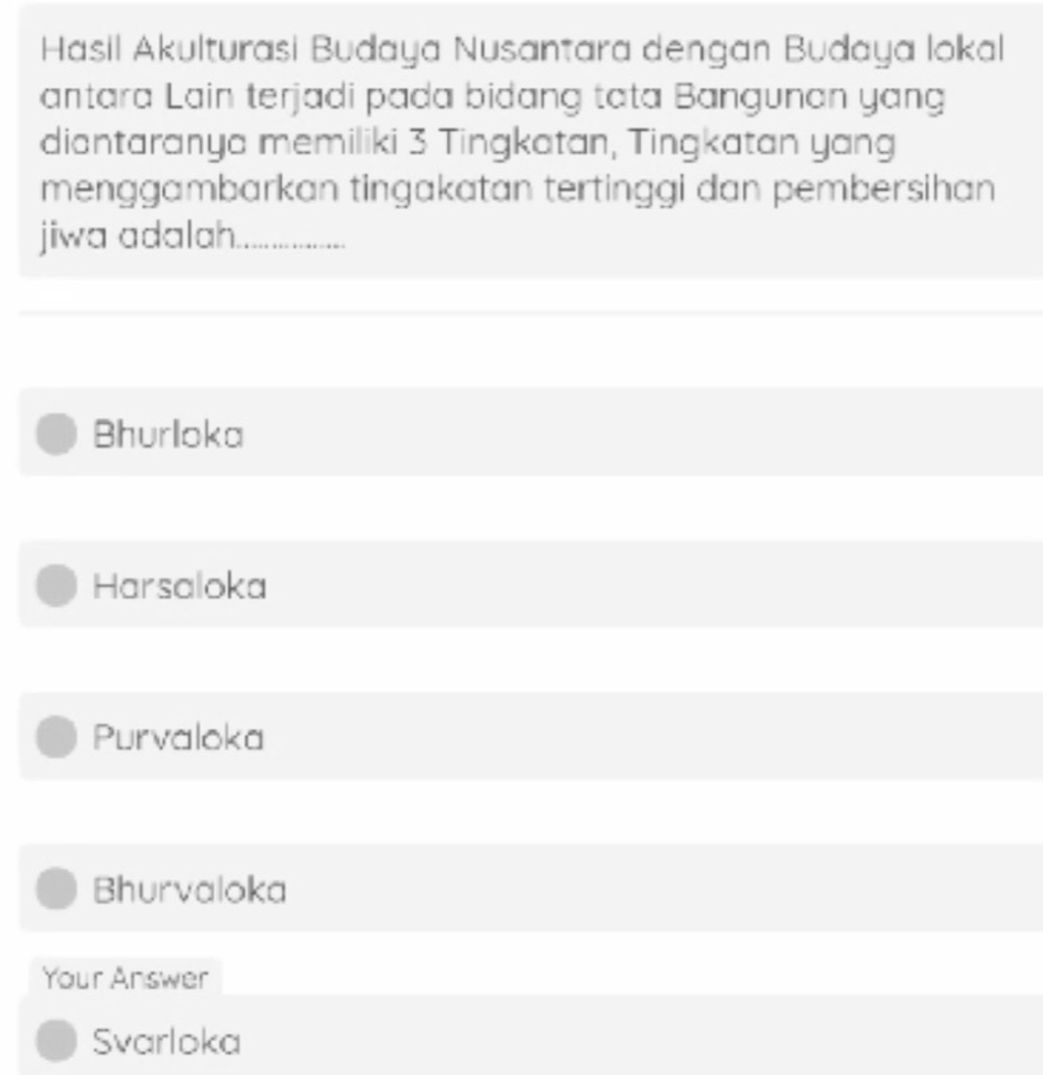 Hasil Akulturasi Budaya Nusantara dengan Budaya lokal
antara Lain terjadi pada bidang tata Bangunan yang
diantaranya memiliki 3 Tingkatan, Tingkatan yang
menggambarkan tingakatan tertinggi dan pembersihan
jiwa adalah._
Bhurloka
Harsaloka
Purvaloka
Bhurvaloka
Your Answer
Svarloka