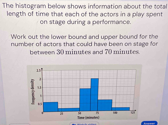 The histogram below shows information about the total 
length of time that each of the actors in a play spent 
on stage during a performance. 
Work out the lower bound and upper bound for the 
number of actors that could have been on stage for 
between 30 minutes and 70 minutes. 
Answer