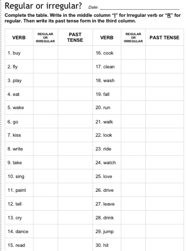 Regular or irregular? Dale:_ 
Complete the table. Write in the middle column “I” for Irregular verb or “R” for 
regwrite its past tense form in the third column. 
SE 
1. 
2. 
3. 
4. 
5. 
6. 
7. 
8. 
9. 
10 
11 
12 
13 
14 
15. read 30. hit