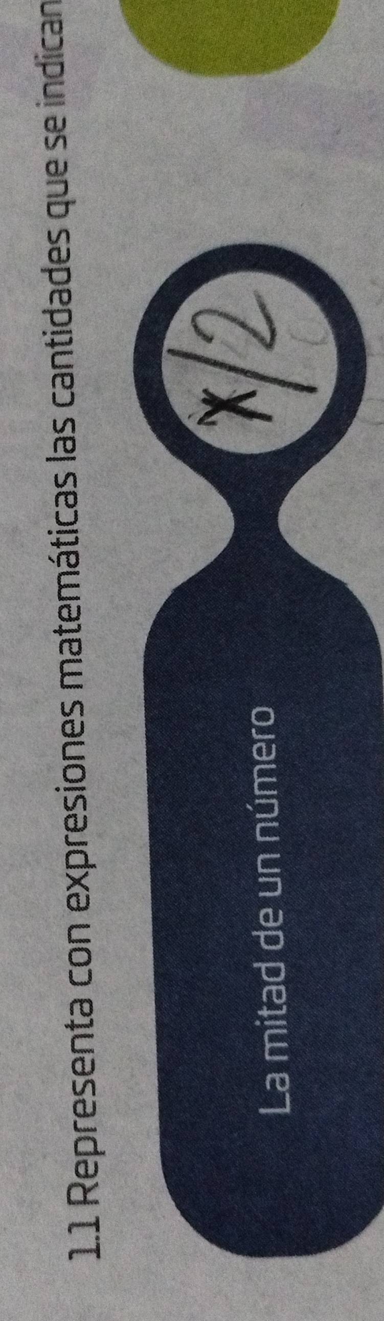 1.1 Representa con expresiones matemáticas las cantidades que se indican 
La mitad de un número