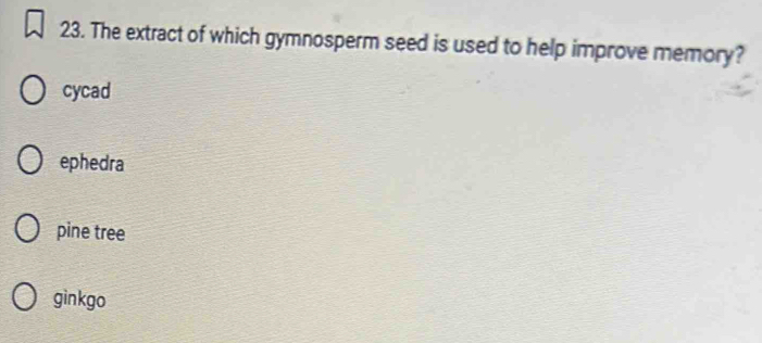 The extract of which gymnosperm seed is used to help improve memory?
cycad
ephedra
pine tree
ginkgo