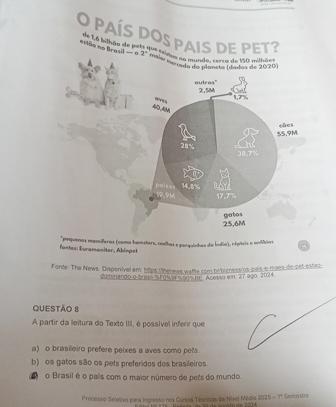 PAÍS DOS PAIS DE PET?
estão no Brasil — o 2°
de 1,6 bilhão de pets que existem no munda, cerca de 150 milhões
maier merçado do planeta (dados de 2020)
outros*
2,5M
1,7%
aves
40,4M
cães
55,9M
28%
38,7%
peixes 14, 8% RaYa
19,9M 17,7%
gatos
25,6M
*pequenos mamíferos (como hamsters, coelhos e perquinhos da Índia), répteis e anfíbios
fontes: Euromonitor, Abinpet
Fonte: The News. Disponível em: https://thenews.waffle.com.br/bizness/os-pais-e-maes-de-pet-estao-
dominando-o-brasil-% F0% 9F% 90% BE. Acesso em: 27 ago. 2024.
QUESTÃo 8
A partir da leitura do Texto III, é possível inferir que
a) o brasileiro prefere peixes a aves como pets.
b) os gatos são os pets preferidos dos brasileiros.
0) o Brasil é o país com o maior número de pets do mundo.
Processo Seletivo para Ingresso nos Cursos Técnicos de Nível Médio 2025-1° Semestre
1 7 6 Dr és re de 2 C de aérste de 2024