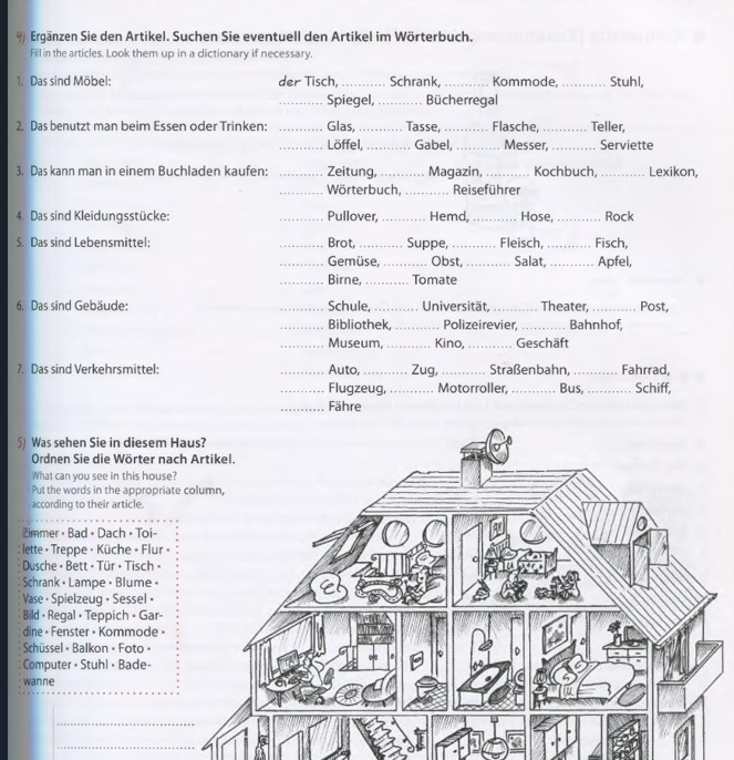 Ergänzen Sie den Artikel. Suchen Sie eventuell den Artikel im Wörterbuch.
Fill in the articles. Look them up in a dictionary if necessary.
1. Das sind Möbel: der Tisch,_ Schrank _Kommode, _Stuhl,
_Spiegel, _Bücherregal
2. Das benutzt man beim Essen oder Trinken: __Glas, __……… Gabel, Tasse, _Flasche,_ _Teller,
Löffel, Messer, Serviette
3. Das kann man in einem Buchladen kaufen: _Zeitung,_ Magazin, _Kochbuch _Lexikon,
_Wörterbuch, _Reiseführer
4. Das sind Kleidungsstücke: _Pullover, _Hemd, _Hose,_ Rock
5. Das sind Lebensmittel: _Brot,_ Suppe, _Fleisch, _Fisch,
_Gemüse, _.. Obst,_ Salat,_ . Apfel,
_Birne, _Tomate
6. Das sind Gebäude: _Schule, _Universität, _Theater, _Post,
_Bibliothek, _Polizeirevier, _Bahnhof,
_Museum, _Kino, _Geschäft
7. Das sind Verkehrsmittel: _Auto, _Zug, _Straßenbahn,_ Fahrrad,
_Flugzeug, _Motorroller, _Bus, _Schiff,
_Fähre
S Was sehen Sie in diesem 
Ordnen Sie die Wörter n
What can you see in this hous
Put the words in the appropria
according to their article.
immer • Bad • Dach • Toi-
lette « Treppe · Küche • Flur 
Dusche - Bett · Tür · Tisch ·
Schrank • Lampe • Blume +
Vase · Spielzeug • Sessel •
Bild  Regal • Teppich • Gar-
dine • Fenster • Kommode ·
Schüssel « Balkon · Foto · 
Computer • Stuhl • Bade-
wanne
_
_