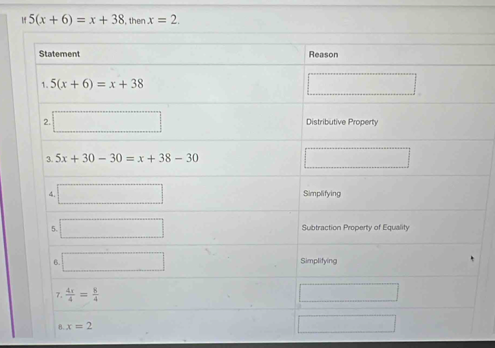 If 5(x+6)=x+38 , then x=2.