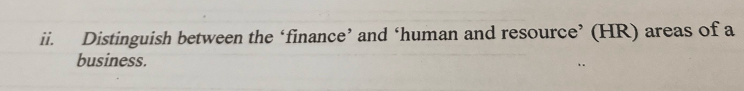 Distinguish between the ‘finance’ and ‘human and resource’ (HR) areas of a 
business.