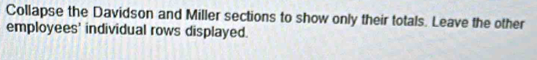Collapse the Davidson and Miller sections to show only their totals. Leave the other 
employees' individual rows displayed.