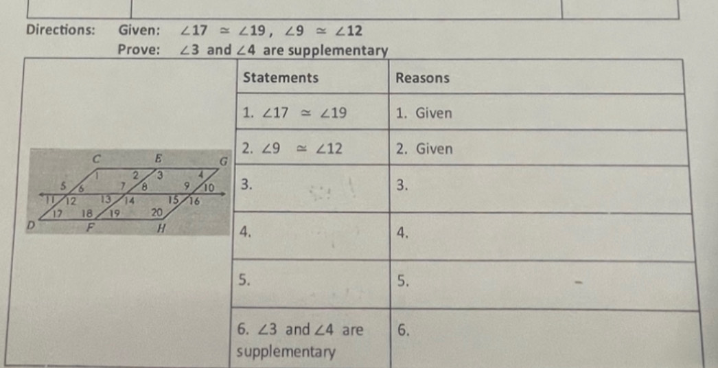 Directions:     Given: ∠ 17≌ ∠ 19,∠ 9≌ ∠ 12
Prove: ∠ 3
supplementary