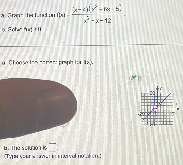 Graph the function f(x)= ((x-4)(x^2+6x+5))/x^2-x-12 . 
b. Solve f(x)≥ 0. 
a. Choose the correct graph for f(x). 
B. 
b. The solution is □ . 
(Type your answer in interval notation.)