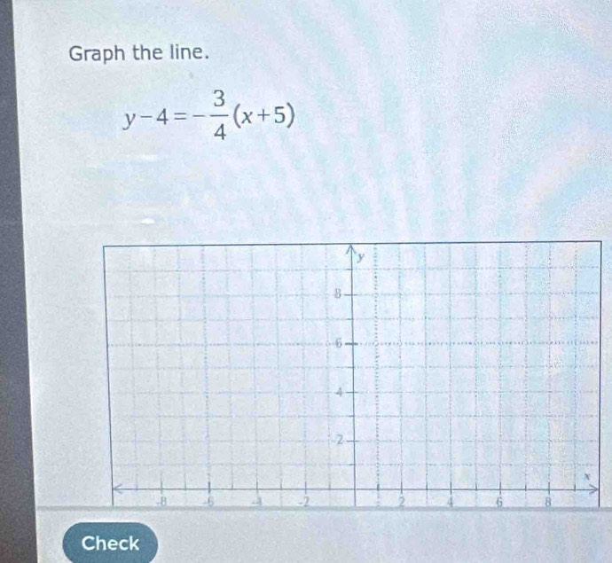 Graph the line.
y-4=- 3/4 (x+5)
Check