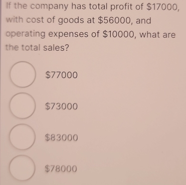 If the company has total profit of $17000,
with cost of goods at $56000, and
operating expenses of $10000, what are
the total sales?
$77000
$73000
$83000
$78000