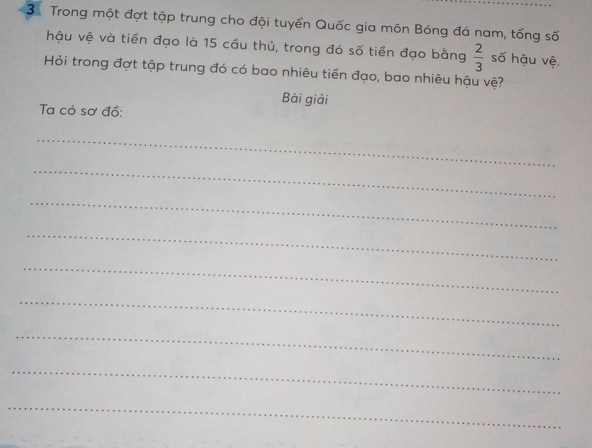 Trong một đợt tập trung cho đội tuyển Quốc gia môn Bóng đá nam, tổng số 
hậu vệ và tiền đạo là 15 cầu thủ, trong đó số tiền đạo bằng  2/3  số hậu vệ. 
Hỏi trong đợt tập trung đó có bao nhiêu tiền đạo, bao nhiêu hậu vệ? 
Bài giải 
Ta có sơ đồ: 
_ 
_ 
_ 
_ 
_ 
_ 
_ 
_ 
_