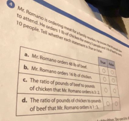 Mr. Romano is ordering meat for a fammilly reunion. He knoen 
0 people. Tell whether each sta o attend. He orders 1 b of chicken for every 5 ge