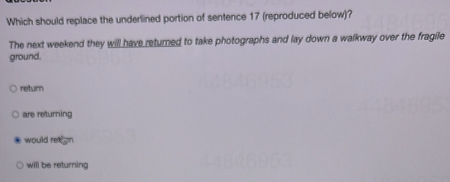 Which should replace the underlined portion of sentence 17 (reproduced below)?
The next weekend they will have returned to take photographs and lay down a walkway over the fragile
ground.
return
are returning
would ret gn
will be returning