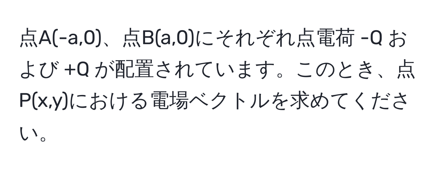 点A(-a,0)、点B(a,0)にそれぞれ点電荷 -Q および +Q が配置されています。このとき、点P(x,y)における電場ベクトルを求めてください。