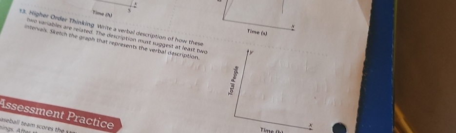 A 
s 
Time (h) 
x 
13. Higher Order Thinking Write a verbal description of how these 
Time (s) 
two variables are related. The description must suggest at least two 
intervals. Sketch the graph that represents the verbal description 
Ässessment Practice 
aseball team scores t e 
hings. After. 
Time (h)