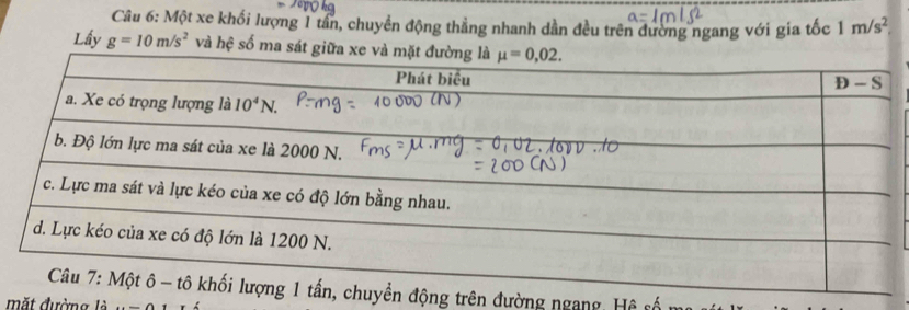 Một xe khối lượng 1 tần, chuyển động thẳng nhanh dần đều trên đường ngang với gia tốc 1m/s^2
Lầy g=10m/s^2 và hệ số ma s
ộng trên đường ngang, Hệ số
mặt đường là