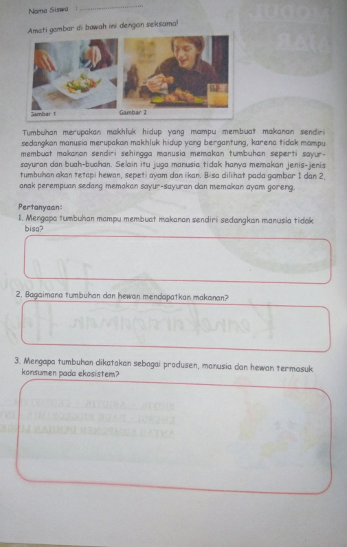 Nama Siswa 
_ 
Amati gambar di bawah ini dengan seksama! 
Tumbuhan merupakan makhluk hidup yang mampu membuat makanan sendiri 
sedangkan manusia merupakan makhluk hidup yang bergantung, karena tidak mampu 
membuat makanan sendiri sehingga manusia memakan tumbuhan seperti sayur- 
sayuran dan buah-buahan. Selain itu juga manusia tidak hanya memakan jenis-jenis 
tumbuhan akan tetapi hewan, sepeti ayam dan ikan. Bisa dilihat pada gambar 1 dan 2, 
anak perempuan sedang memakan sayur-sayuran dan memakan ayam goreng. 
Pertanyaan: 
1. Mengapa tumbuhan mampu membuat makanan sendiri sedangkan manusia tidak 
bisa? 
2. Bagaimana tumbuhan dan hewan mendapatkan makanan? 
3. Mengapa tumbuhan dikatakan sebagai produsen, manusia dan hewan termasuk 
konsumen pada ekosistem?