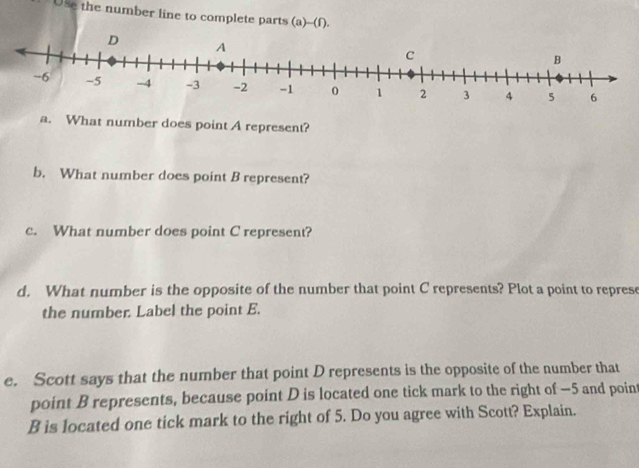 Use the number line to complete parts (a)--(f). 
a. What number does point A represent? 
b. What number does point B represent? 
c. What number does point C represent? 
d. What number is the opposite of the number that point C represents? Plot a point to represe 
the number Label the point E. 
e. Scott says that the number that point D represents is the opposite of the number that 
point B represents, because point D is located one tick mark to the right of — 5 and point
B is located one tick mark to the right of 5. Do you agree with Scott? Explain.