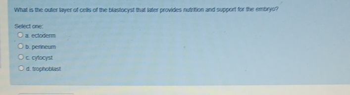 What is the outer layer of cells of the blastocyst that later provides nutrition and support for the embryo?
Select one:
a. ectoderm
b. perineum
c. cytocyst
d. trophoblast