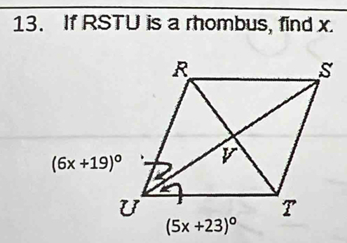 If RSTU is a rhombus, find x.
(6x+19)^circ 