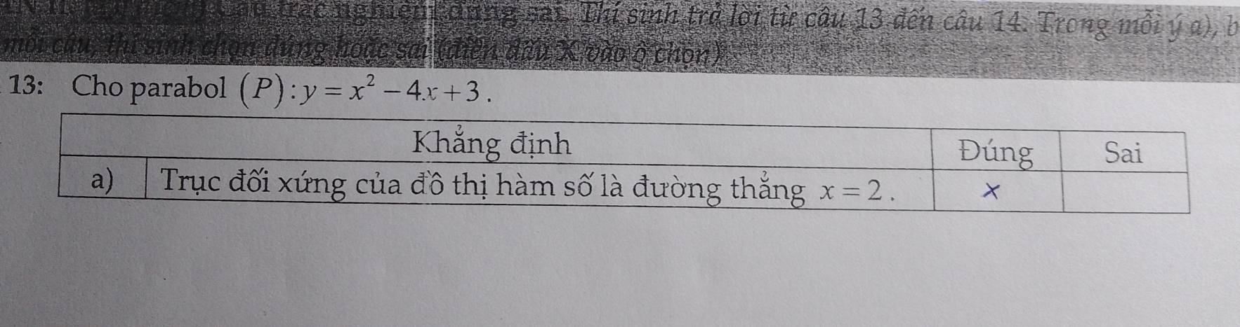 en đụng sai. Thí sinh trở lời từ câu 13 đến câu 14. Trong mỗi ý a), b
m dung hoặc sai (diễn đấu X vào ở chọn)
13: Cho parabol (P):y=x^2-4x+3.