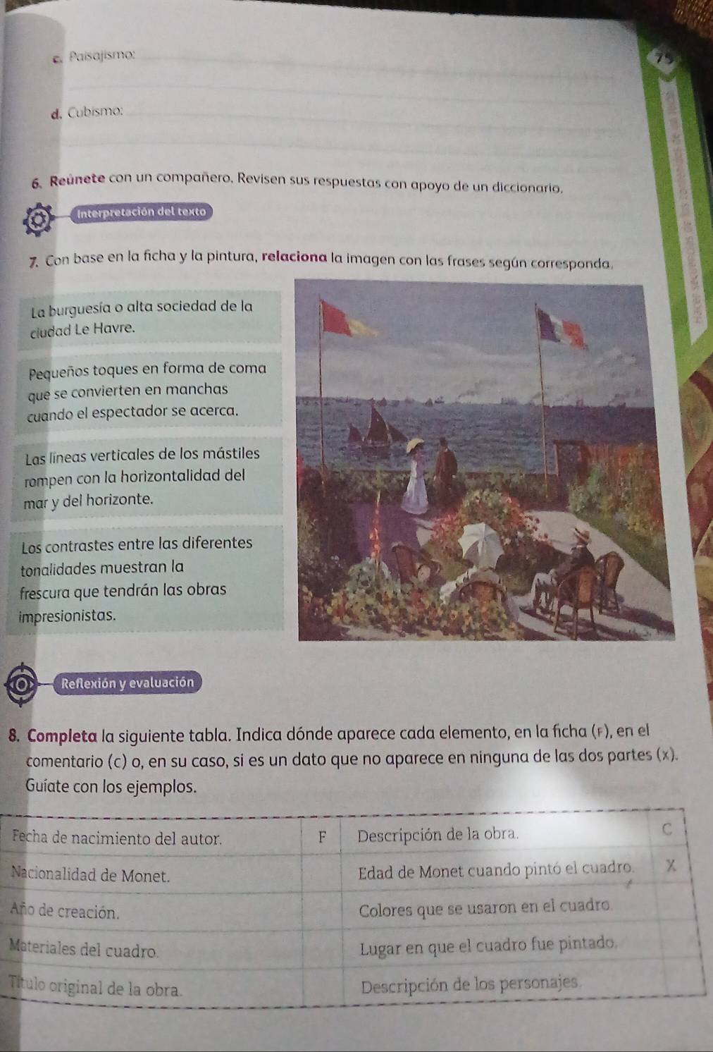 Paisajismo:_ 
_ 
d. Cubísmo:_ 
_ 
6. Reúnete con un compañero. Revisen sus respuestas con apoyo de un diccionario. 
Interpretación del texto 
7. Con base en la ficha y la pintura, relaciona la imagen con las frases según corresponda, 
La burguesía o alta sociedad de la 
cludad Le Havre. 
Pequeños toques en forma de coma 
que se convierten en manchas 
cuando el espectador se acerca. 
Las líneas verticales de los mástiles 
rompen con la horizontalidad del 
mar y del horizonte. 
Los contrastes entre las diferentes 
tonalidades muestran la 
frescura que tendrán las obras 
impresionistas. 
Reflexión y evaluación 
8. Completa la siguiente tabla. Indica dónde aparece cada elemento, en la ficha (f), en el 
comentario (c) o, en su caso, si es un dato que no aparece en ninguna de las dos partes (x). 
Guíate con los ejemplos. 
T