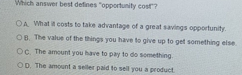 Which answer best defines "opportunity cost"?
A What it costs to take advantage of a great savings opportunity.
B. The value of the things you have to give up to get something else.
C. The amount you have to pay to do something.
D. The amount a seller paid to sell you a product.