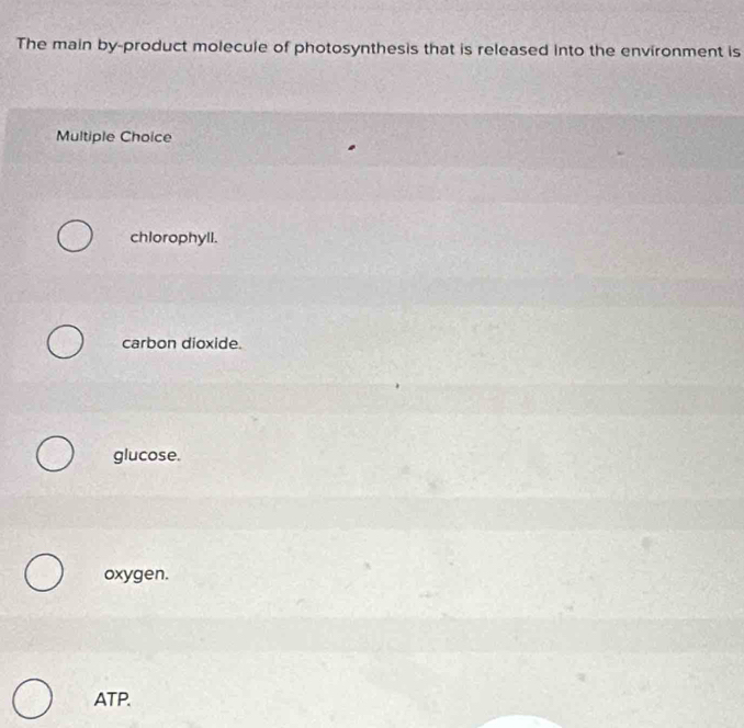 The main by-product molecule of photosynthesis that is released into the environment is
Multiple Choice
chlorophyll.
carbon dioxide.
glucose.
oxygen.
ATP.