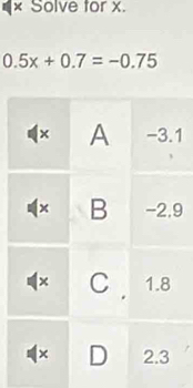 × Solve for x.
0.5x+0.7=-0.75
1
9