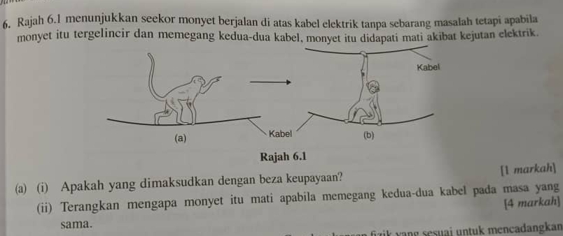 Rajah 6.1 menunjukkan seekor monyet berjalan di atas kabel elektrik tanpa sebarang masalah tetapi apabila 
monyet itu tergelincir dan memegang kedua-dua kabel, monyet itu didapati mati akibat kejutan elektrik. 
[1 markah] 
(a) (i) Apakah yang dimaksudkan dengan beza keupayaan? 
(ii) Terangkan mengapa monyet itu mati apabila memegang kedua-dua kabel pada masa yang 
[4 markah] 
sama. 
fizik yang sesuaj untuk mencadangkan