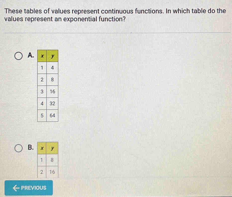 These tables of values represent continuous functions. In which table do the 
values represent an exponential function? 
A. 
B. 
PREVIOUS