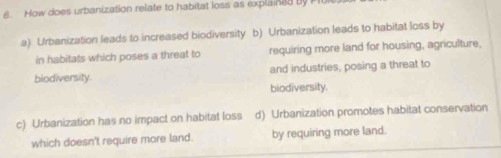 How does urbanization relate to habitat loss as explained by
a) Urbanization leads to increased biodiversity b) Urbanization leads to habitat loss by
in habitats which poses a threat to requiring more land for housing, agriculture,
biodiversity. and industries, posing a threat to
biodiversity.
c) Urbanization has no impact on habitat loss d) Urbanization promotes habitat conservation
which doesn't require more land. by requiring more land.