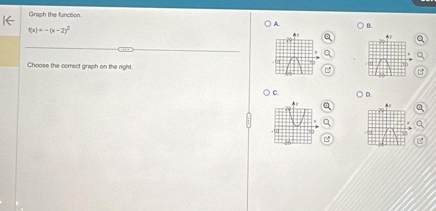 Graph the function.
A.
f(x)=-(x-2)^2
B.
Choose the correct graph on the right.
C.
D.